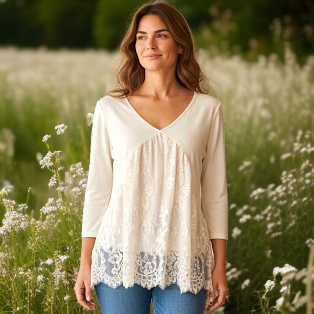 Taylor & Sage Romantic Babydoll Top M Ivory Lace Boho Flowy Cottage Coquette‎